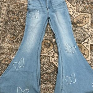 Fashion Nova Blue Flare Jeans with Butterfly Embroidery